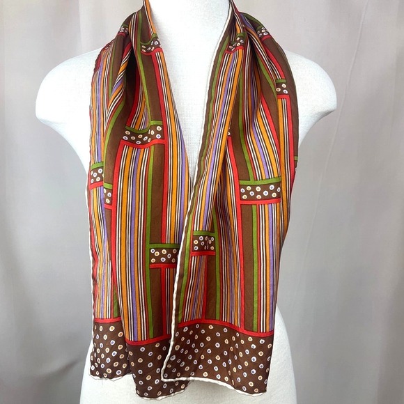 Burmel Accessories - Vintage BURMEL Rectangle 13x46 Neck Scarf Mod Silk‎ Graphic 60s Brown Stripe Dot